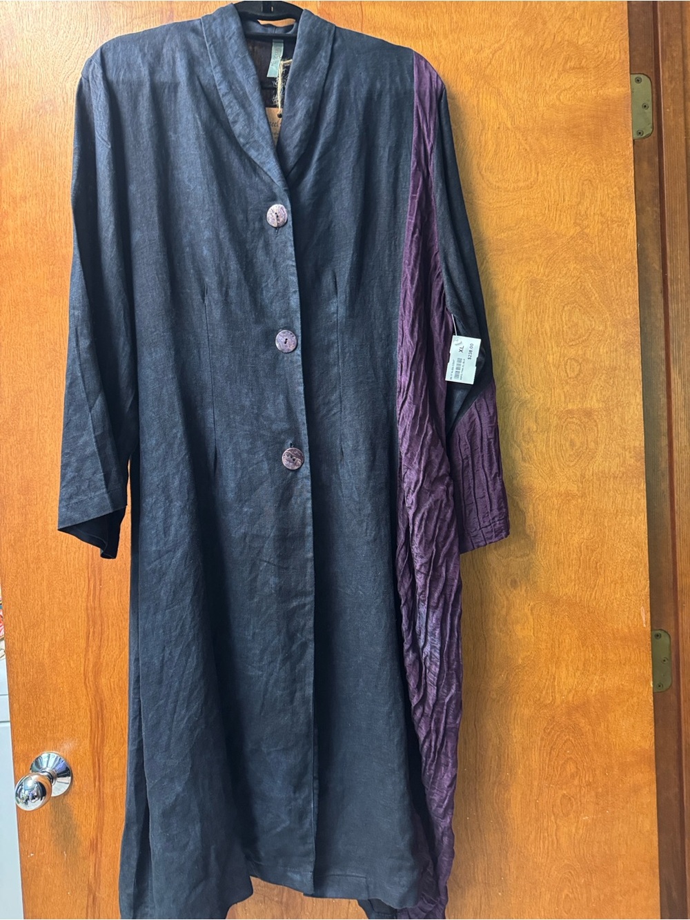 Relaxed Steel Pony Black Linen Midi Dress with Purple/Maroon Silk Side Panel